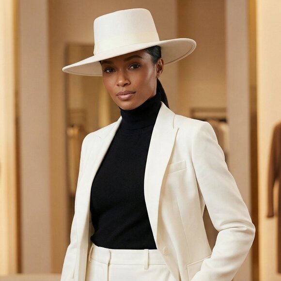 Wide Brim Boater Hat in Faux Felt - Structured Hat with Ribbon White main image 5